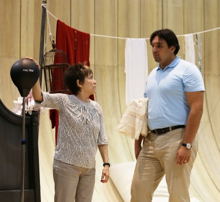 Adam Plachetka (Figaro) rehearses with Barbara Gaines at Lyric Opera. Photo: Andrew Cioffi
