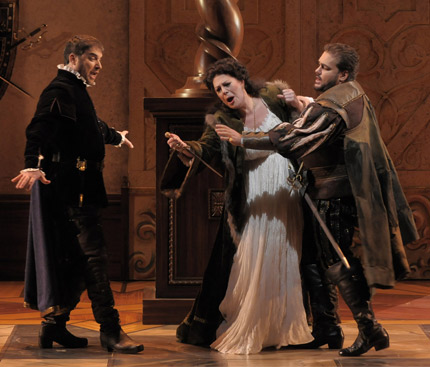  Carlo (Boaz Daniel), Elvira (Sondra Radvanovsky) and Ernani (Salvatore Licitra) in Verdi's "Ernani." Photo by Dan Rest. 