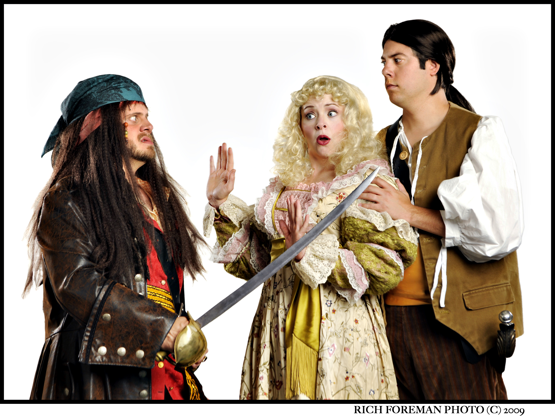  (L to R) Michael Cavalieri (The Pirate King), Alicia Berneche (Mabel) and Matthew Giebel (Frederic) star in Light Opera Works’ "The Pirates of Penzance." 