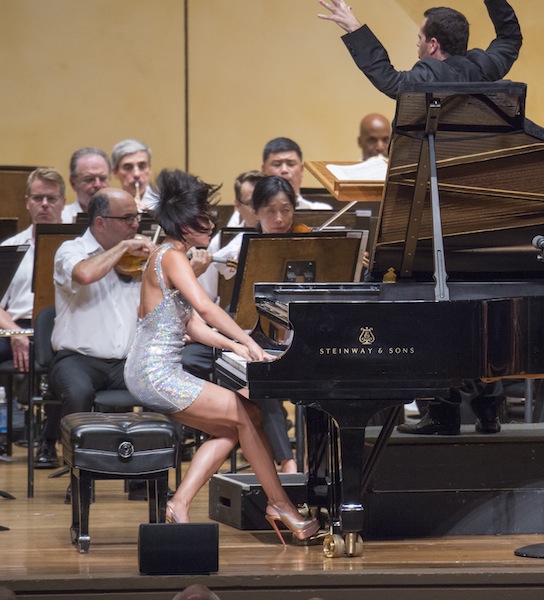 Yuja Wang performed Brahms' Piano Concerto No. 1 with Lionel Bringuier and the Chicago Symphony Orchestra at the Ravinia Festival.