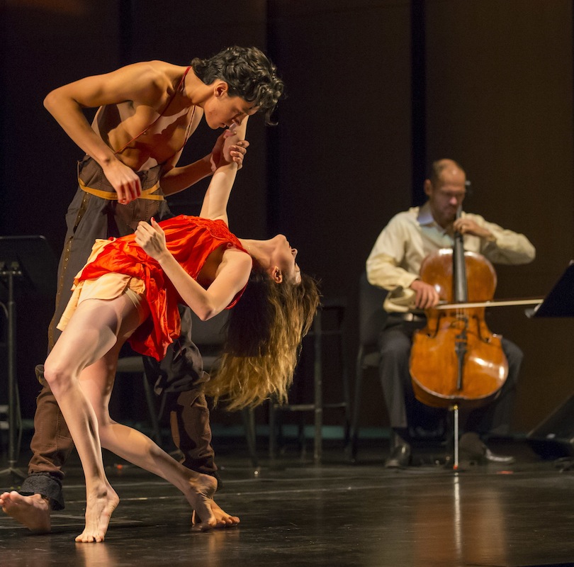 Cellist Brant Taylor and dancers Sara Silken and Christian Brower perform Anna Clyne's "Fits + Starts" at MusicNOW Monday night at the Harris Theater. Photo: Todd Rosenberg