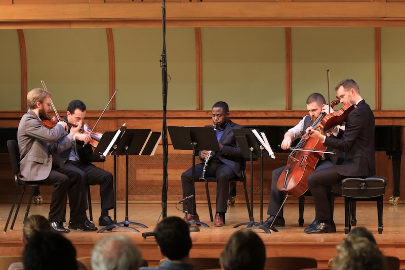 Anthony McGill and JACK Quartet performed Geoffrey Gordon's Clarinet QuIntet Sunday at Ganz Hall. Photo: Max Anismov.