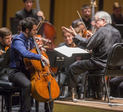 Edvard Pogossian performed Tchaikovsky's "Variations on a Rococo Theme" wIth Itzhak Perlman conducting the Juilliard Orchestra Wednesday night at the Harris Theater. Photo: Todd Rosenberg 