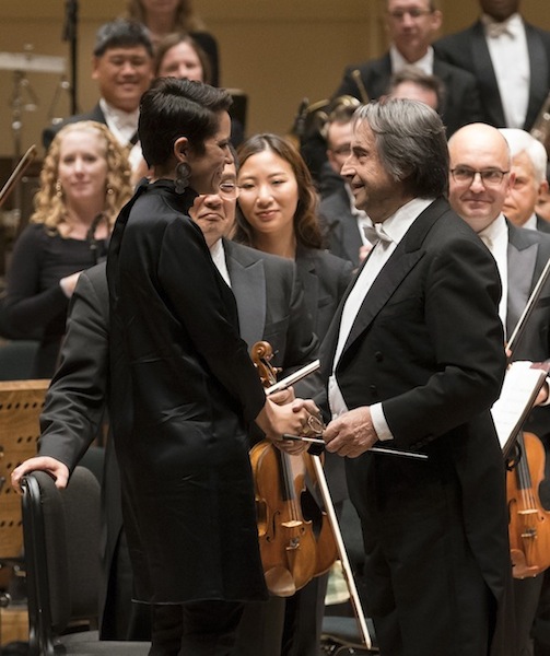 Riccardo Muti congratulates Elizabeth Ogonek following the world premiere of "All These Lighted Things" Thursday night. Photo: Todd Rosenberg