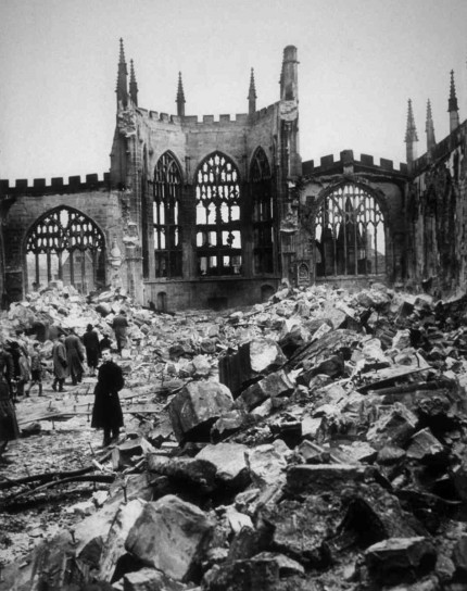 Coventry Cathedral after the German bombing raid of November 14, 1940.