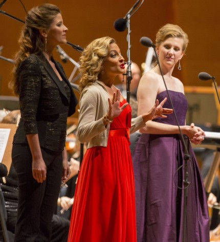 From left, Rachel Frenkel, Christiane Karg and Amanda Majeski perform at Friday night's Lyric Opera concert at Millennium Park. Photo: Todd Rosenberg